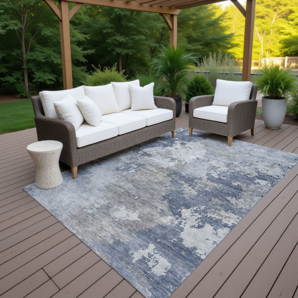 HomeRoots 10' Denim Blue and Ivory Abstract Area Rug - Stylish, Washable, Indoor/Outdoor, Stain-Resistant Design 689160