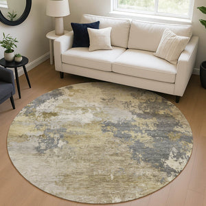 HomeRoots 8' Gray and Gold Round Abstract Area Rug - Durable, Washable, Stylish for Indoor and Outdoor Spaces 689169