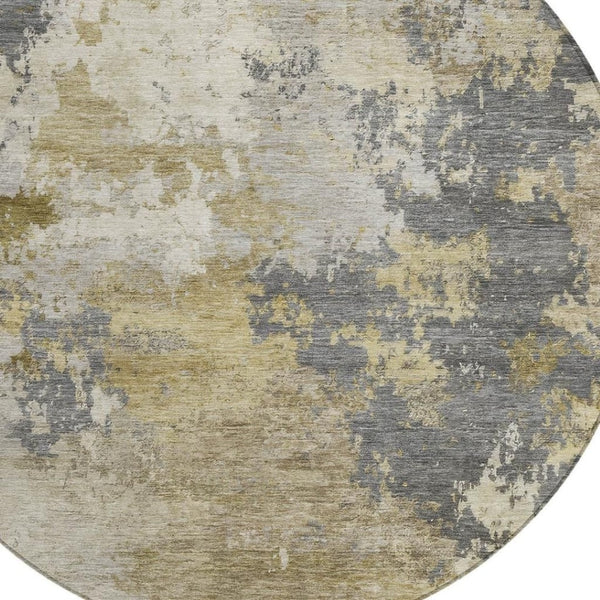HomeRoots 8' Gray and Gold Round Abstract Area Rug - Durable, Washable, Stylish for Indoor and Outdoor Spaces 689169