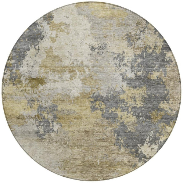 HomeRoots 8' Gray and Gold Round Abstract Area Rug - Durable, Washable, Stylish for Indoor and Outdoor Spaces 689169