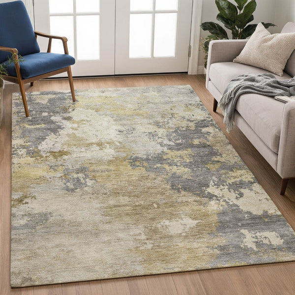 HomeRoots 10' Gray and Gold Abstract Area Rug - Stylish, Machine Washable Indoor/Outdoor Design for All Spaces 689172