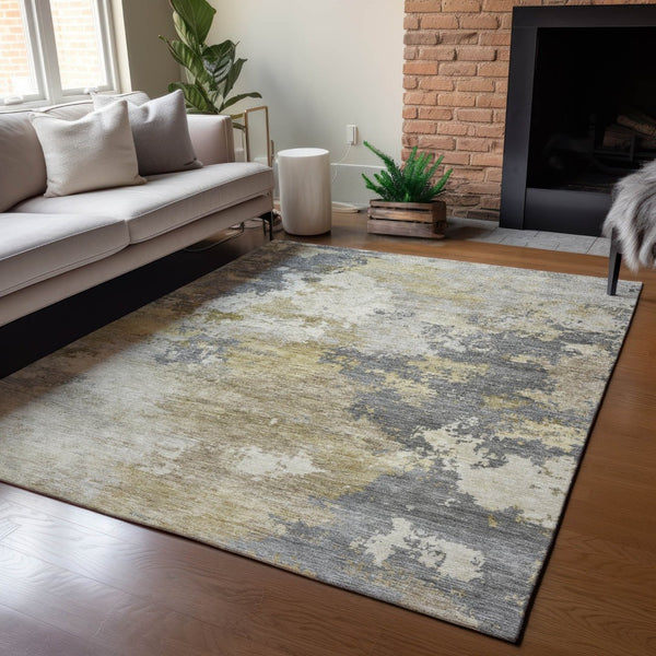 HomeRoots 10' Gray and Gold Abstract Area Rug - Stylish, Machine Washable Indoor/Outdoor Design for All Spaces 689172
