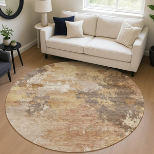 HomeRoots 8' Salmon and Gold Round Area Rug - Modern Abstract Design, Washable, Indoor/Outdoor Versatility 689181