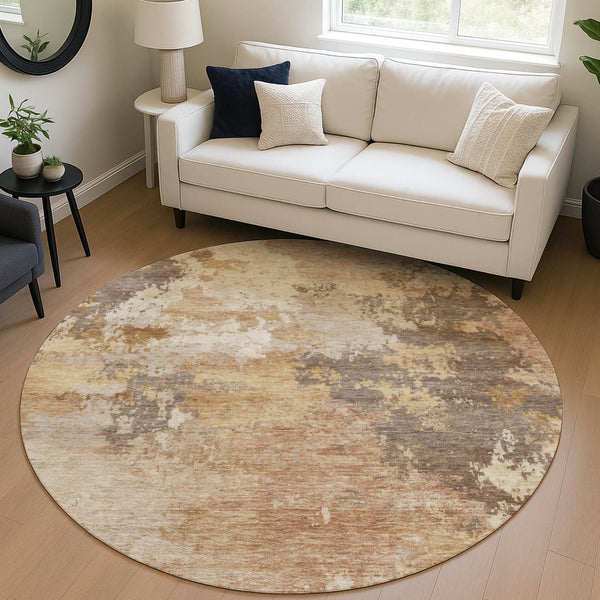 HomeRoots 8' Salmon and Gold Round Area Rug - Modern Abstract Design, Washable, Indoor/Outdoor Versatility 689181