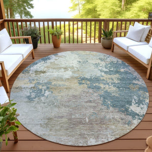 HomeRoots 8' Teal Blue and Gold Abstract Round Rug - Stylish, Washable, Indoor/Outdoor, Durable for High Traffic Areas 689187