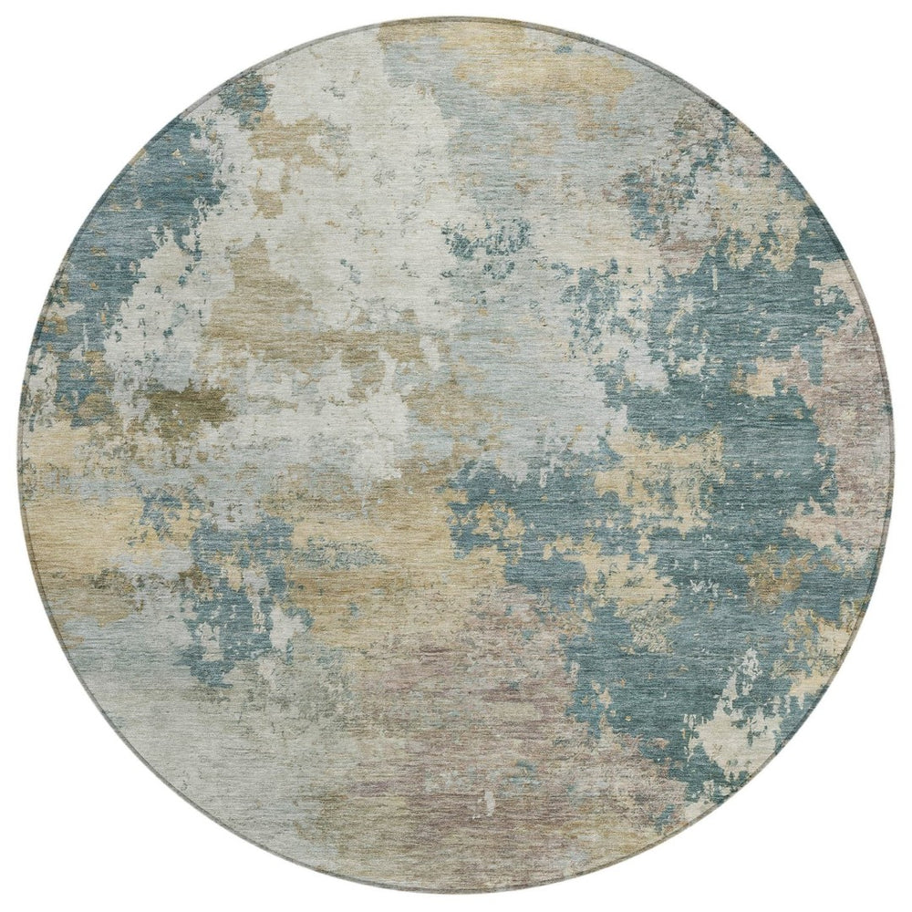 HomeRoots 8' Teal Blue and Gold Abstract Round Rug - Stylish, Washable, Indoor/Outdoor, Durable for High Traffic Areas 689187