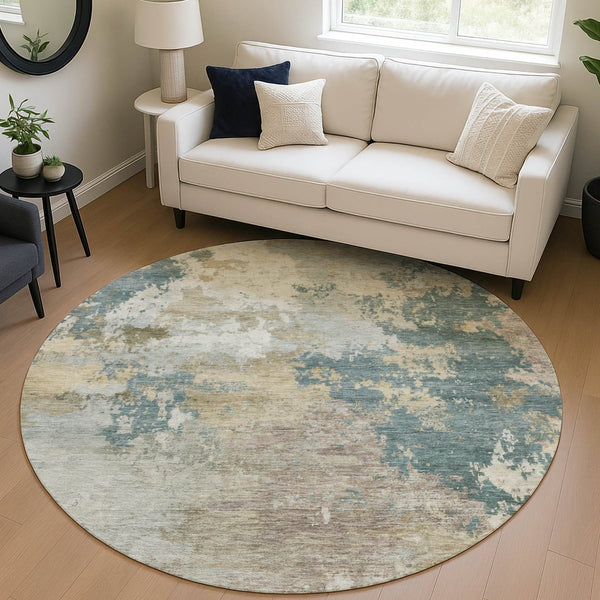 HomeRoots 8' Teal Blue and Gold Abstract Round Rug - Stylish, Washable, Indoor/Outdoor, Durable for High Traffic Areas 689187