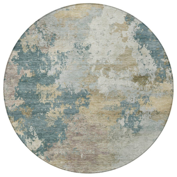 HomeRoots 8' Teal Blue and Gold Abstract Round Rug - Stylish, Washable, Indoor/Outdoor, Durable for High Traffic Areas 689187