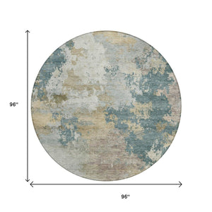 HomeRoots 8' Teal Blue and Gold Abstract Round Rug - Stylish, Washable, Indoor/Outdoor, Durable for High Traffic Areas 689187