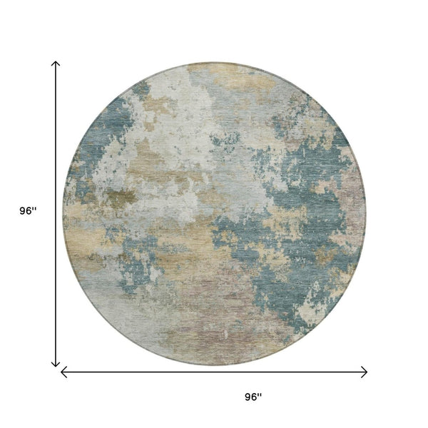 HomeRoots 8' Teal Blue and Gold Abstract Round Rug - Stylish, Washable, Indoor/Outdoor, Durable for High Traffic Areas 689187