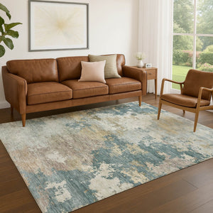 HomeRoots 8' X 10' Teal Blue Gold Abstract Rug - Modern, Washable, Indoor/Outdoor, Durable, Stylish Décor Solution 689188