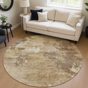 HomeRoots 8' Round Abstract Area Rug in Wheat & Beige – Washable, Durable for Indoor/Outdoor Use, Modern Design 689193