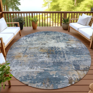 HomeRoots 8' Blue and Copper Round Abstract Area Rug - Stylish, Washable, Indoor/Outdoor, Durable Design for Any Space 689199