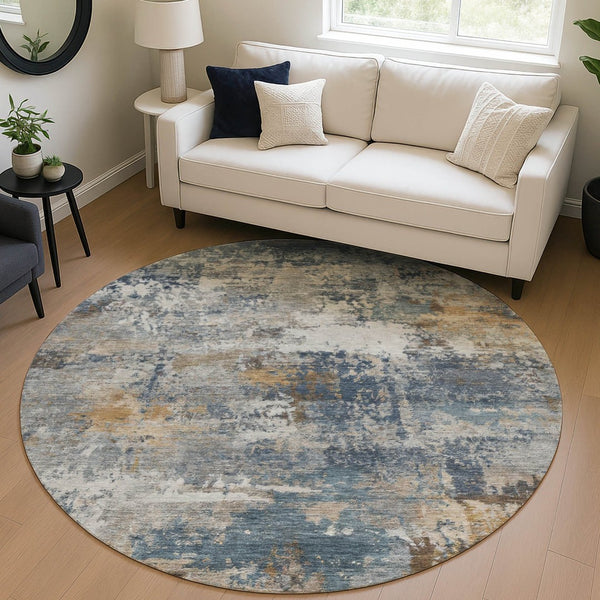 HomeRoots 8' Blue and Copper Round Abstract Area Rug - Stylish, Washable, Indoor/Outdoor, Durable Design for Any Space 689199