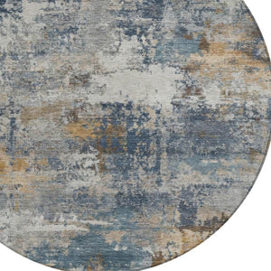 HomeRoots 8' Blue and Copper Round Abstract Area Rug - Stylish, Washable, Indoor/Outdoor, Durable Design for Any Space 689199