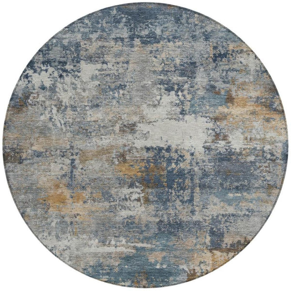 HomeRoots 8' Blue and Copper Round Abstract Area Rug - Stylish, Washable, Indoor/Outdoor, Durable Design for Any Space 689199