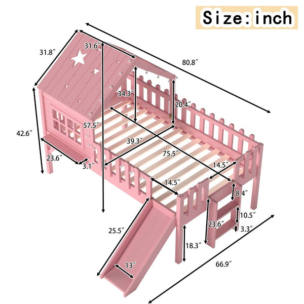 English Elm Twin Playhouse Loft Bed Solid Pine Frame with Slide Led Lights and Star Roof Pink W5316S00003