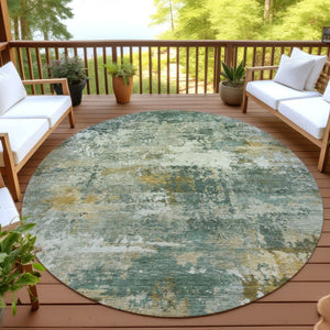 HomeRoots 8' Fern Green and Gold Round Abstract Area Rug - Washable, Durable, Stylish for Indoor/Outdoor Use 689205