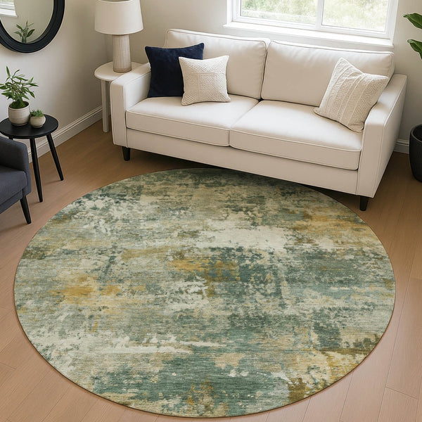 HomeRoots 8' Fern Green and Gold Round Abstract Area Rug - Washable, Durable, Stylish for Indoor/Outdoor Use 689205