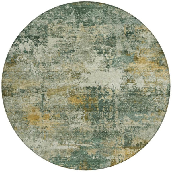 HomeRoots 8' Fern Green and Gold Round Abstract Area Rug - Washable, Durable, Stylish for Indoor/Outdoor Use 689205