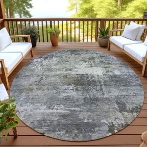 HomeRoots 8' Gray and Silver Abstract Round Area Rug - Durable, Washable Design for Indoor & Outdoor Spaces 689211