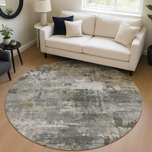 HomeRoots 8' Gray and Silver Abstract Round Area Rug - Durable, Washable Design for Indoor & Outdoor Spaces 689211
