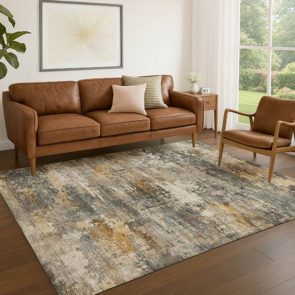 HomeRoots 5' Khaki and Gray Abstract Washable Area Rug - Stylish, Durable, Indoor/Outdoor for High-Traffic Spaces 689216