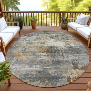 HomeRoots 8' Round Abstract Area Rug in Khaki & Gray - Stylish, Washable, Versatile for Indoor & Outdoor Use 689217
