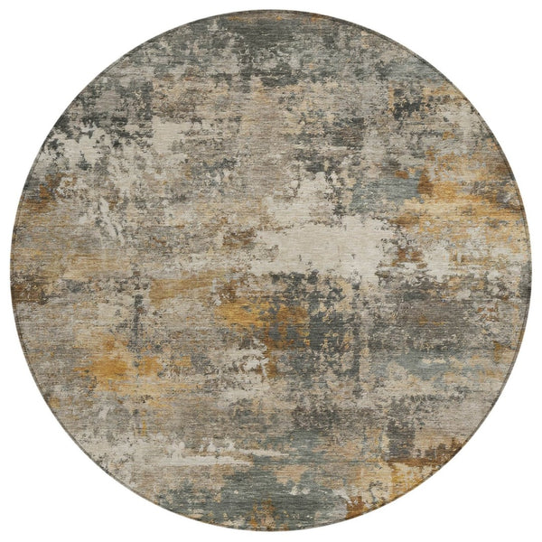 HomeRoots 8' Round Abstract Area Rug in Khaki & Gray - Stylish, Washable, Versatile for Indoor & Outdoor Use 689217