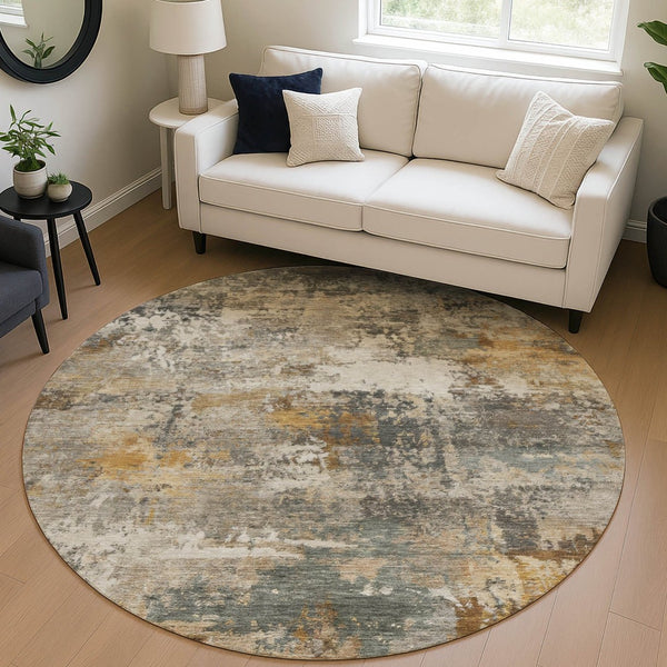 HomeRoots 8' Round Abstract Area Rug in Khaki & Gray - Stylish, Washable, Versatile for Indoor & Outdoor Use 689217