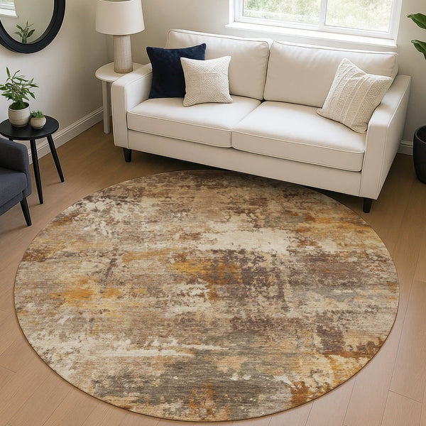 HomeRoots 8' Round Abstract Area Rug in Rust and Beige - Washable, Durable, Perfect for Indoor & Outdoor Use 689223