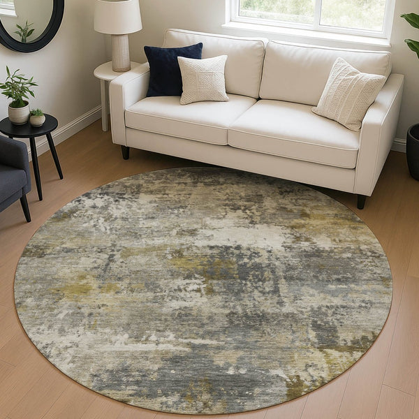 HomeRoots 8' Round Abstract Pewter and Gray Area Rug - Durable, Washable, Stylish for Indoor & Outdoor Spaces! 689229