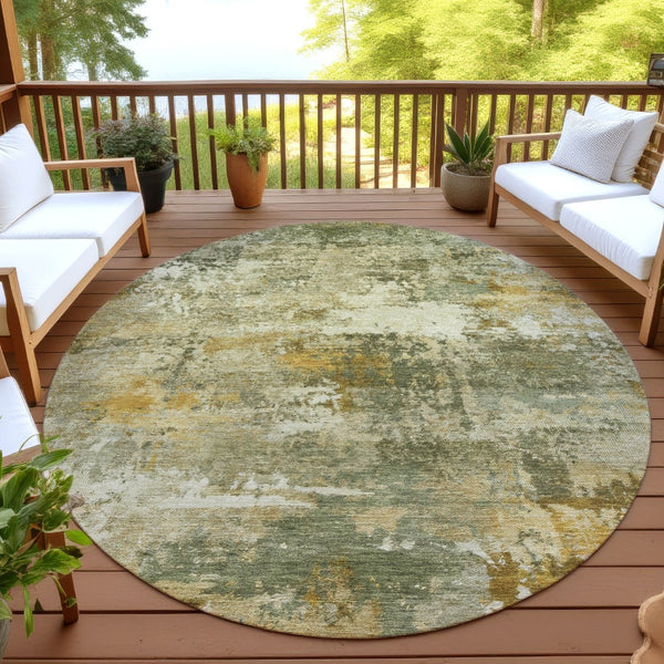 HomeRoots 8' Sage and Beige Round Abstract Area Rug - Stylish, Washable, Durable for Indoor & Outdoor Spaces 689235