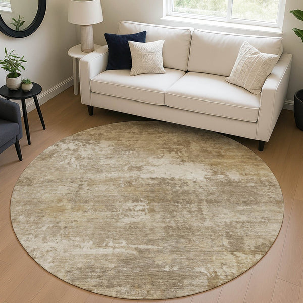 HomeRoots 8' Round Abstract Beige & Brown Area Rug - Washable, Durable Indoor/Outdoor Design for Easy Care 689241