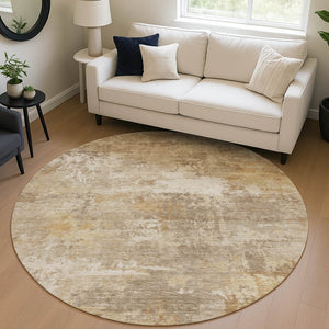 HomeRoots 8' Khaki and Beige Round Abstract Rug - Stylish, Washable, Durable for Indoor/Outdoor Use! 689247
