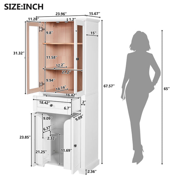 English Elm 67.2" Tall Bathroom Storage Cabinet with Tempered Glass Doors, Adjustable Shelves, Soft-Close Hinges and Anti-Tip Safety White N729P310006K