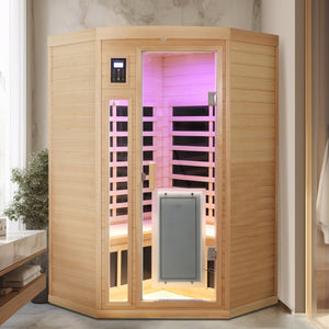 English Elm Low Emf Two Person Far Infrared Corner Sauna in Hemlock Wood with Glass Door Panel W632S00027