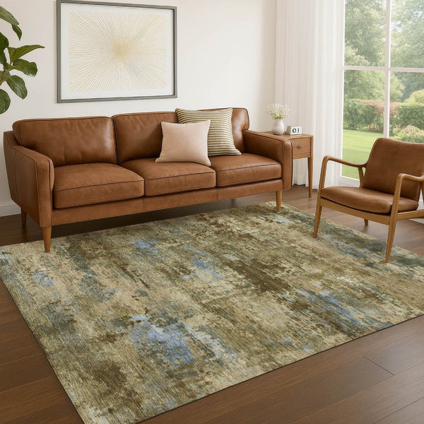 HomeRoots 5' Stylish Brown and Blue Abstract Area Rug - Washable, Durable, Perfect for Indoor & Outdoor Use! 689276