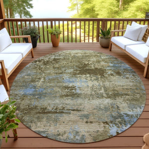 HomeRoots 8' Brown and Blue Abstract Round Washable Area Rug – Modern Design for Indoor & Outdoor Spaces 689277