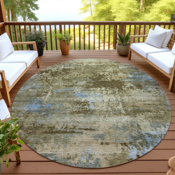 HomeRoots 8' Brown and Blue Abstract Round Washable Area Rug – Modern Design for Indoor & Outdoor Spaces 689277