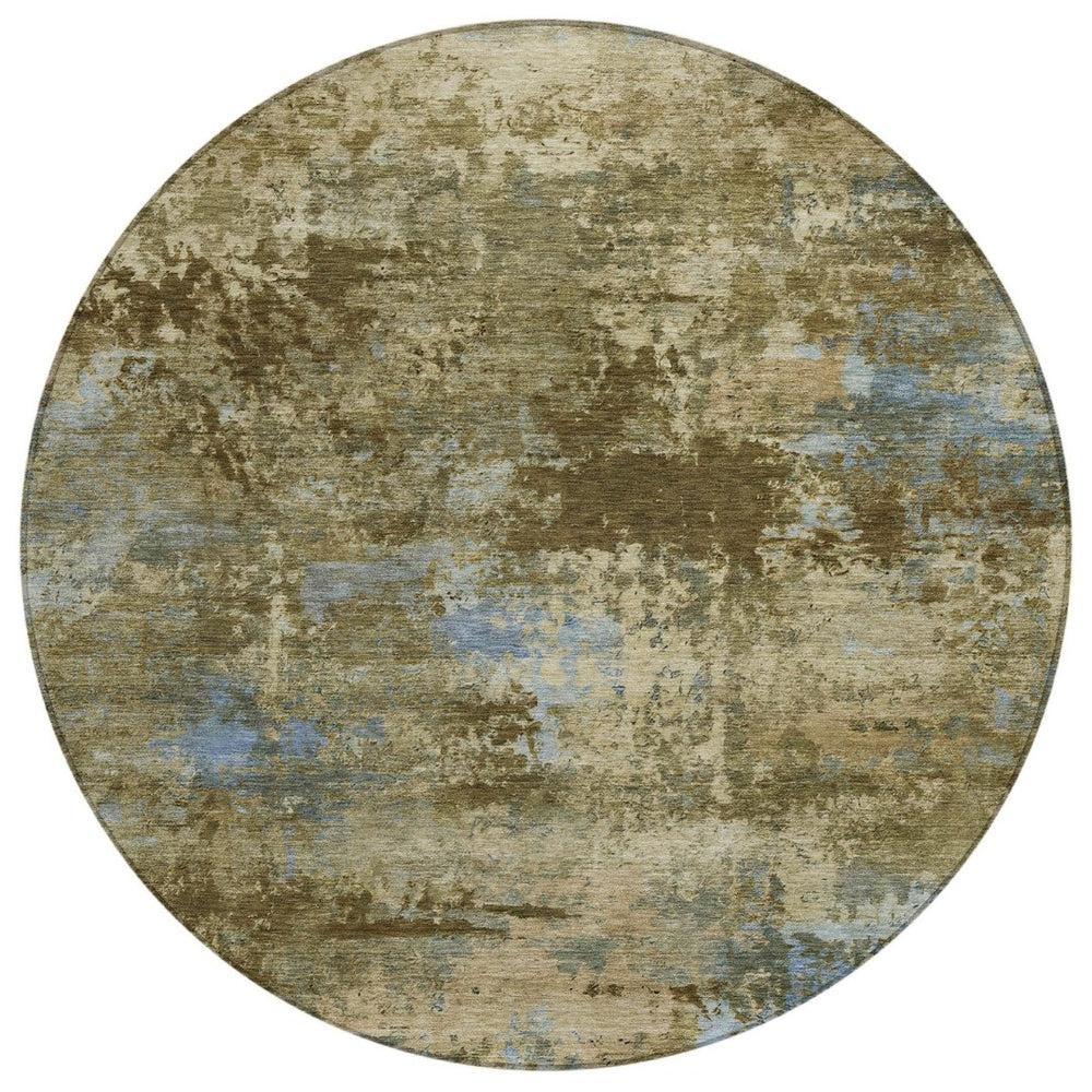 HomeRoots 8' Brown and Blue Abstract Round Washable Area Rug – Modern Design for Indoor & Outdoor Spaces 689277