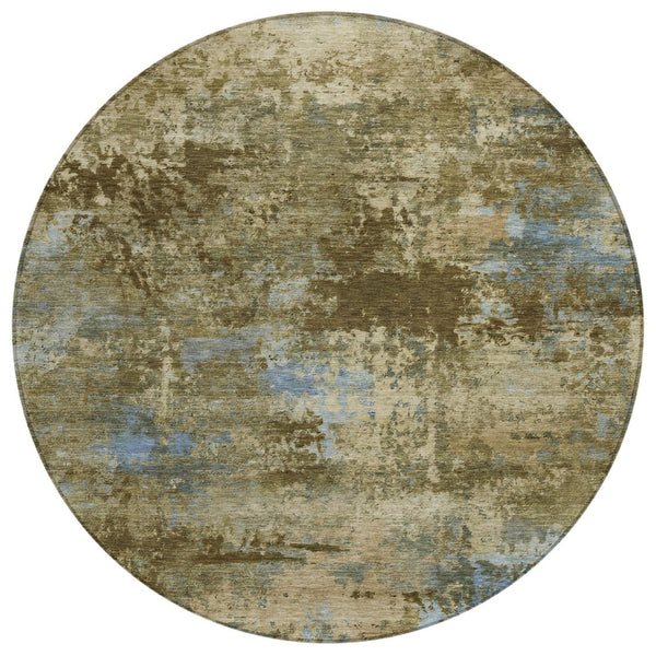 HomeRoots 8' Brown and Blue Abstract Round Washable Area Rug – Modern Design for Indoor & Outdoor Spaces 689277