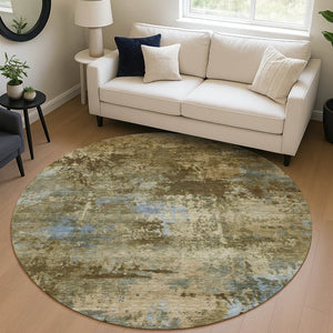 HomeRoots 8' Brown and Blue Abstract Round Washable Area Rug – Modern Design for Indoor & Outdoor Spaces 689277