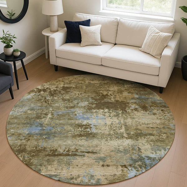HomeRoots 8' Brown and Blue Abstract Round Washable Area Rug – Modern Design for Indoor & Outdoor Spaces 689277