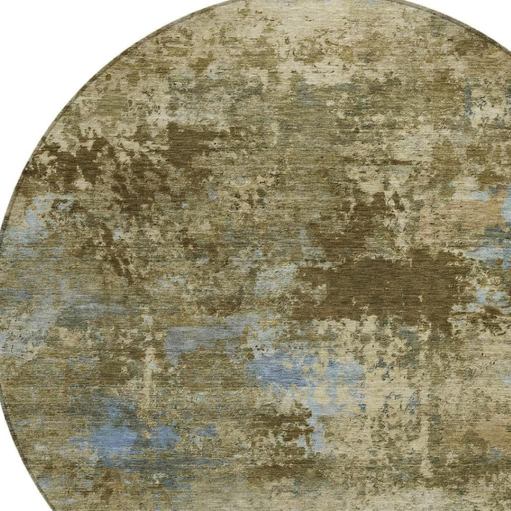 HomeRoots 8' Brown and Blue Abstract Round Washable Area Rug – Modern Design for Indoor & Outdoor Spaces 689277