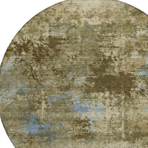 HomeRoots 8' Brown and Blue Abstract Round Washable Area Rug – Modern Design for Indoor & Outdoor Spaces 689277