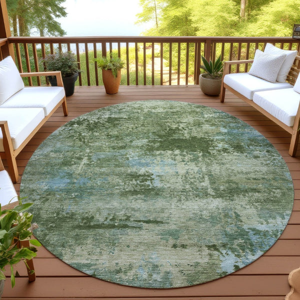 HomeRoots 8' Round Abstract Area Rug in Blue and Green - Washable, Durable, and Stylish for Indoor/Outdoor Use 689283
