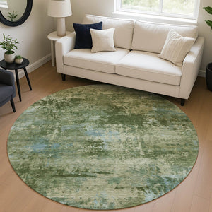 HomeRoots 8' Round Abstract Area Rug in Blue and Green - Washable, Durable, and Stylish for Indoor/Outdoor Use 689283