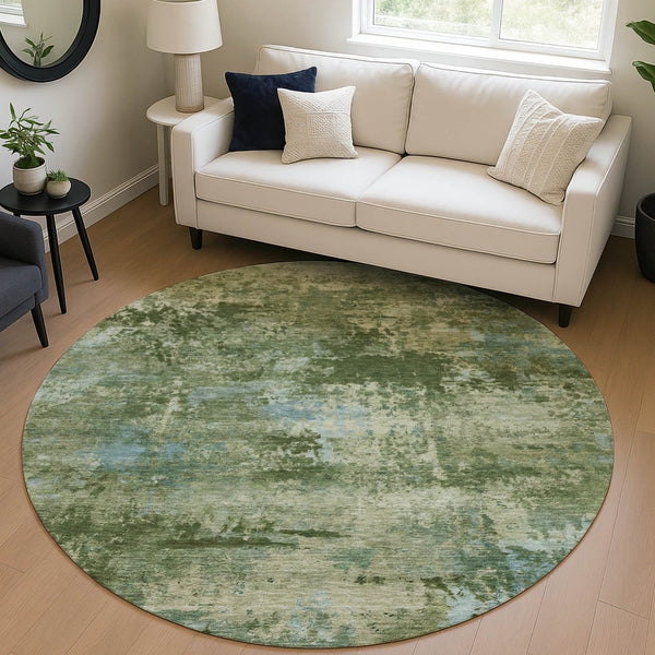 HomeRoots 8' Round Abstract Area Rug in Blue and Green - Washable, Durable, and Stylish for Indoor/Outdoor Use 689283