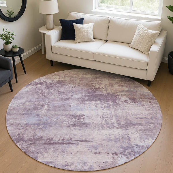 HomeRoots 8' Round Abstract Area Rug in Soft Lavender & Ivory - Washable, Durable, Indoor/Outdoor Style! 689289